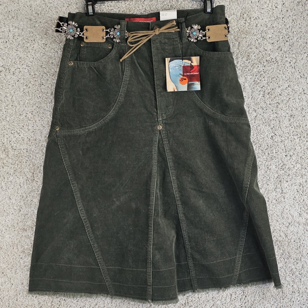 Gloria Vanderbily Olive Green Corduroy Midi Skirt Boho Turquoise Belt Fringe 6
